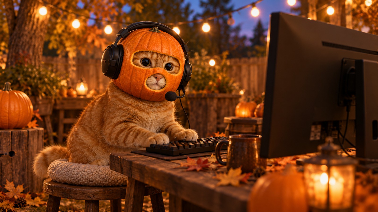 Cat in its pumpkin helmet gaming at an outdoor desk among autumn pumpkins and warm string lights