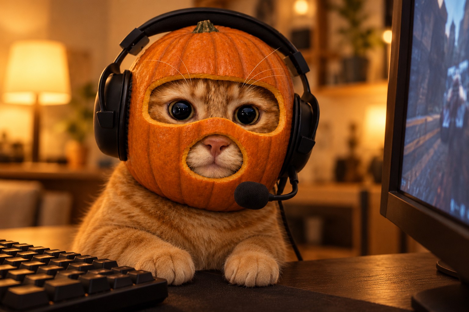 Wide-eyed orange cat in a pumpkin helmet and black headset sitting at a gaming desk