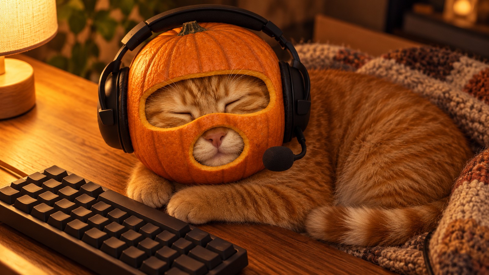 Orange cat asleep in its pumpkin helmet and headset beside a keyboard on a warm wooden desk