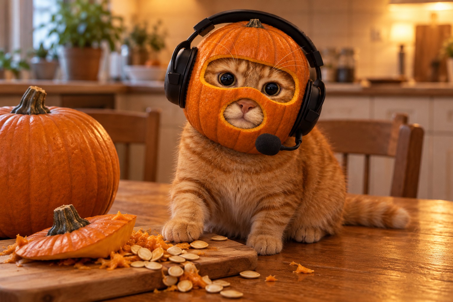 Pumpkin-helmeted cat sitting on a kitchen table beside a pumpkin lid and scattered seeds