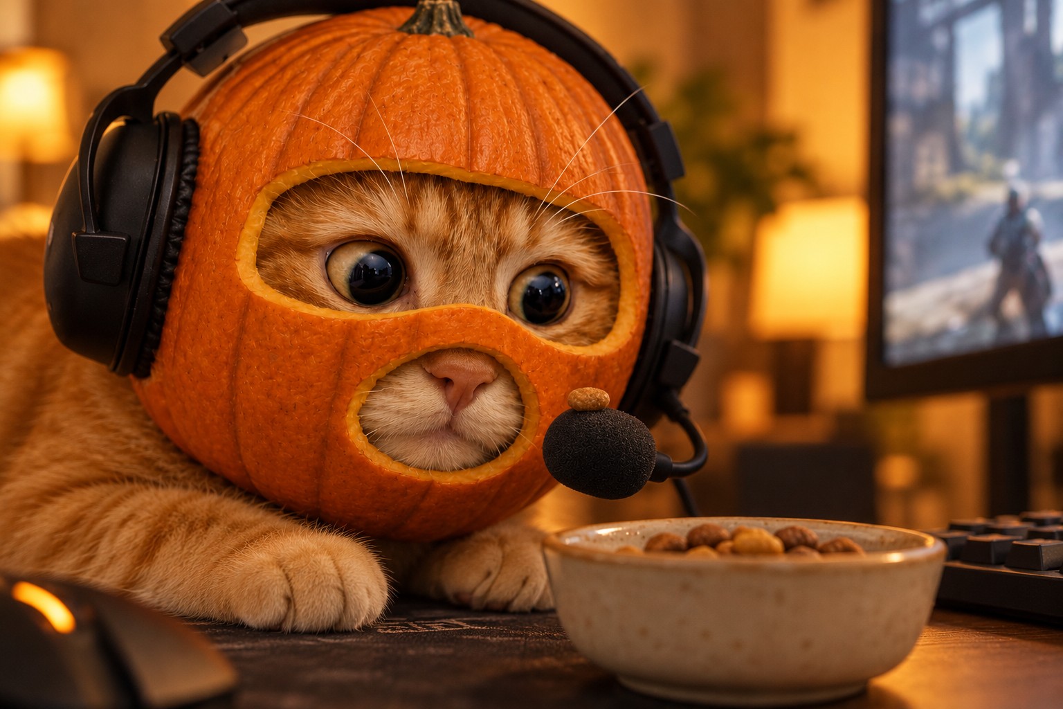 Curious pumpkin cat inspecting a piece of kibble balanced on its headset microphone